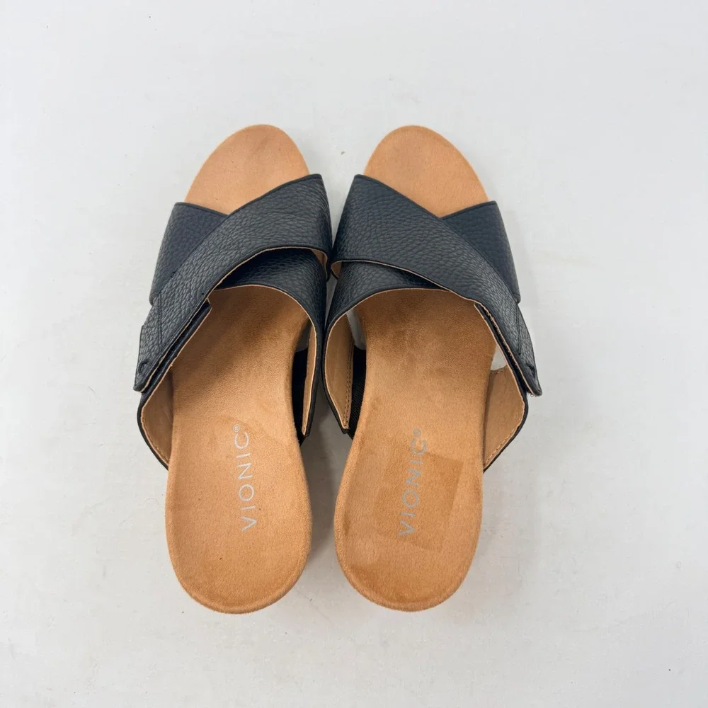 Vionic Black Leather Wedge Sandals Cork 8 Orthopedic Comfort Slides Supportive